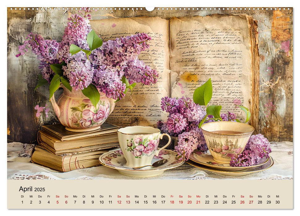 Shabby Chic Romantik - Vintage Tassen, Blumen und nostalgische Briefe (CALVENDO Wandkalender 2025)