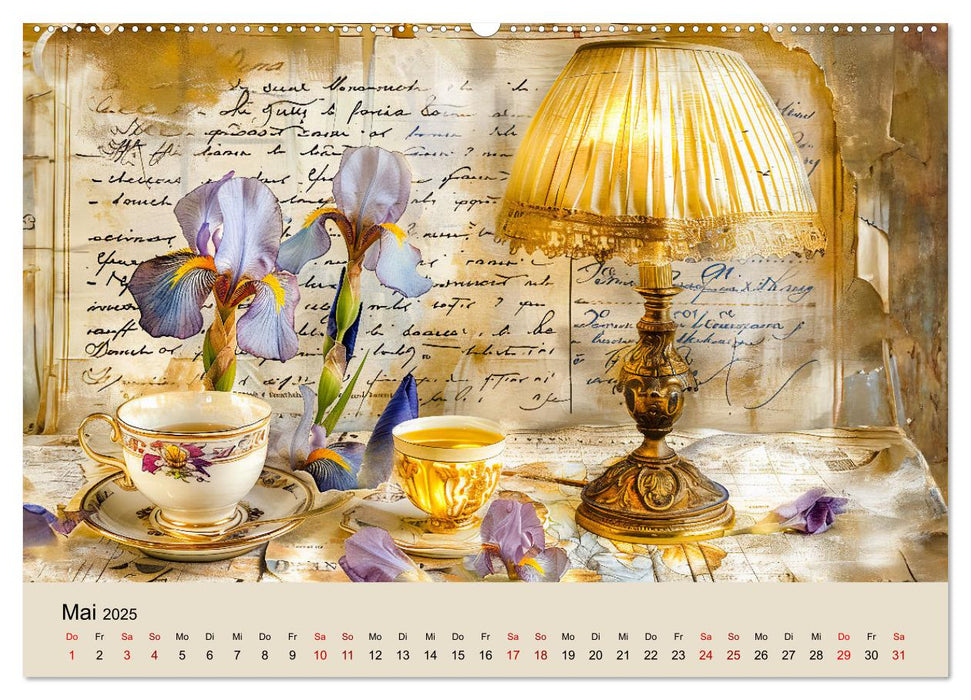 Shabby Chic Romantik - Vintage Tassen, Blumen und nostalgische Briefe (CALVENDO Wandkalender 2025)