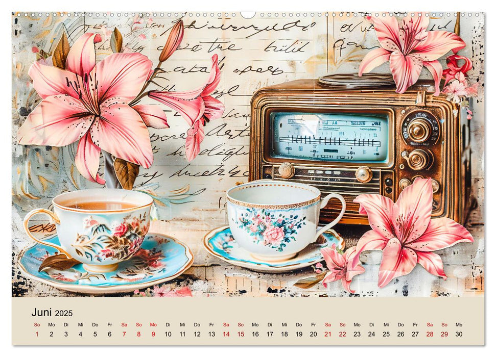 Shabby Chic Romantik - Vintage Tassen, Blumen und nostalgische Briefe (CALVENDO Wandkalender 2025)