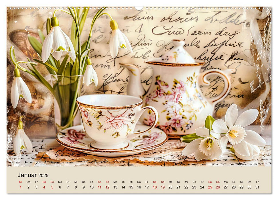 Shabby Chic Romantik - Vintage Tassen, Blumen und nostalgische Briefe (CALVENDO Premium Wandkalender 2025)