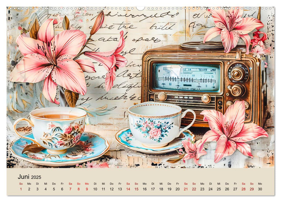 Shabby Chic Romantik - Vintage Tassen, Blumen und nostalgische Briefe (CALVENDO Premium Wandkalender 2025)