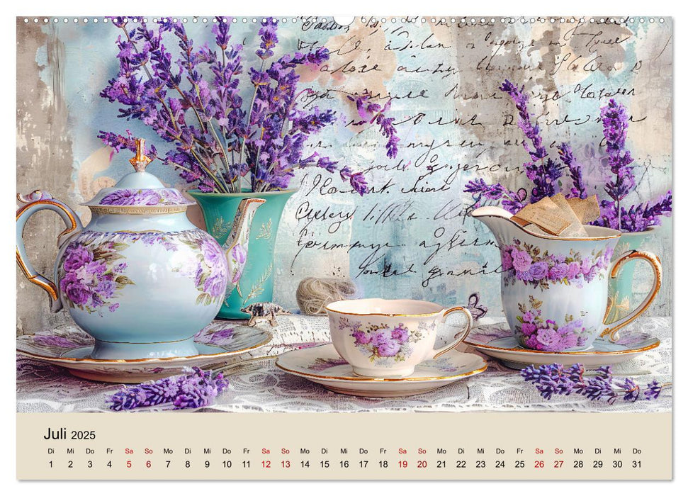 Shabby Chic Romantik - Vintage Tassen, Blumen und nostalgische Briefe (CALVENDO Premium Wandkalender 2025)