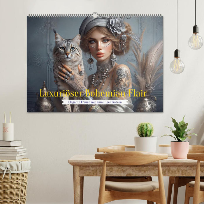 Luxuriöser Bohemian Flair - Elegante Frauen mit anmutigen Katzen (CALVENDO Wandkalender 2025)