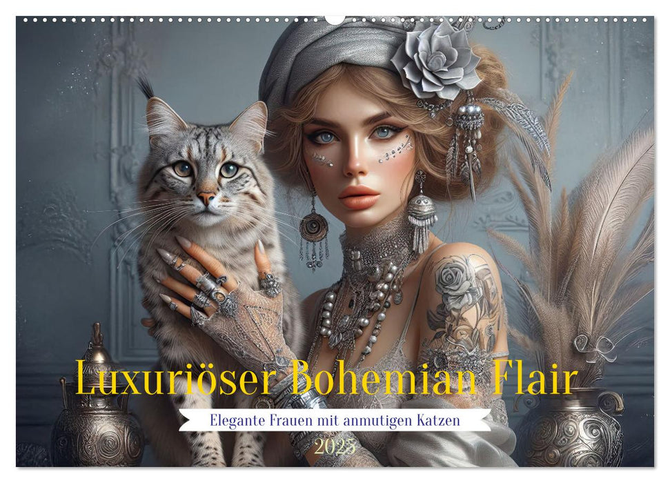 Luxuriöser Bohemian Flair - Elegante Frauen mit anmutigen Katzen (CALVENDO Wandkalender 2025)