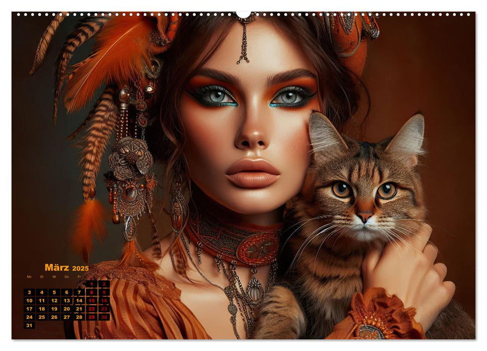 Luxuriöser Bohemian Flair - Elegante Frauen mit anmutigen Katzen (CALVENDO Wandkalender 2025)