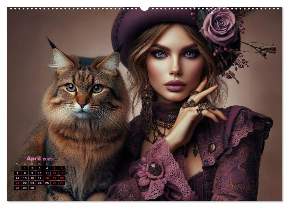 Luxuriöser Bohemian Flair - Elegante Frauen mit anmutigen Katzen (CALVENDO Wandkalender 2025)