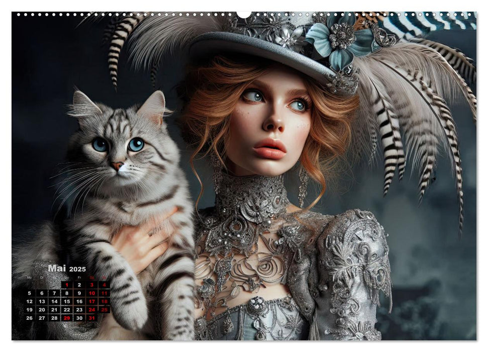 Luxuriöser Bohemian Flair - Elegante Frauen mit anmutigen Katzen (CALVENDO Wandkalender 2025)