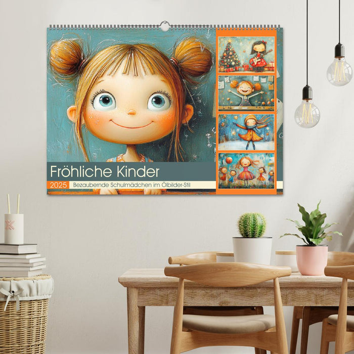 Fröhliche Kinder. Bezaubernde Schulmädchen im Ölbilder-Stil (CALVENDO Wandkalender 2025)