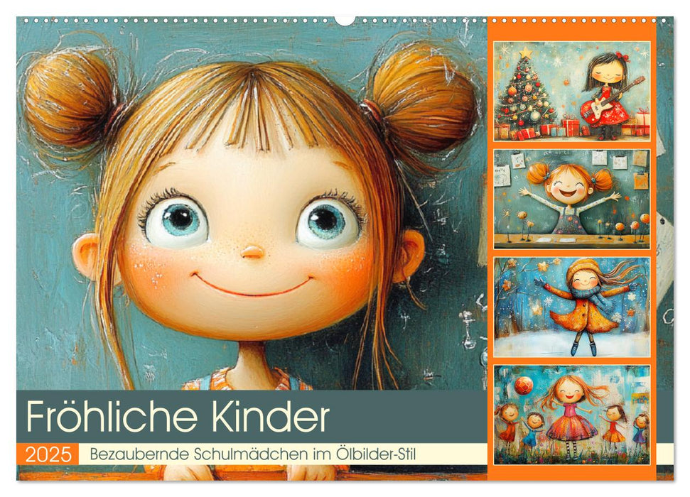 Fröhliche Kinder. Bezaubernde Schulmädchen im Ölbilder-Stil (CALVENDO Wandkalender 2025)