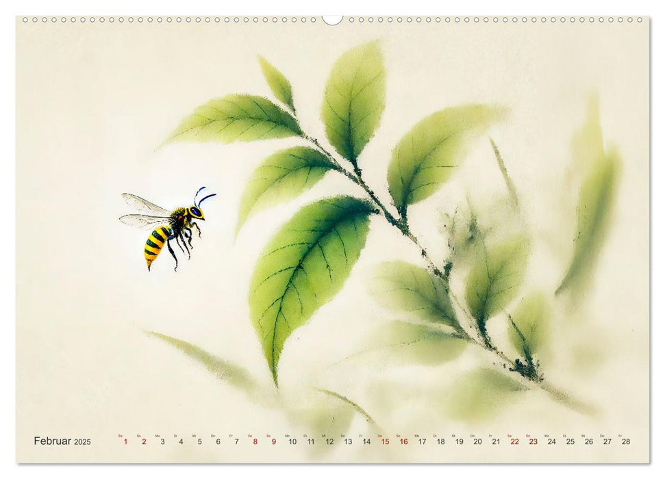 Zen der Natur - Pflanzen und Insekten im Stile der Tuschmalerei (CALVENDO Wandkalender 2025)