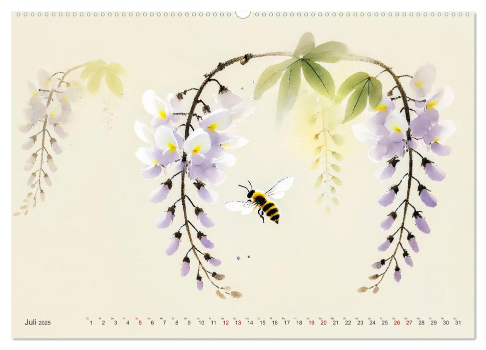 Zen der Natur - Pflanzen und Insekten im Stile der Tuschmalerei (CALVENDO Premium Wandkalender 2025)