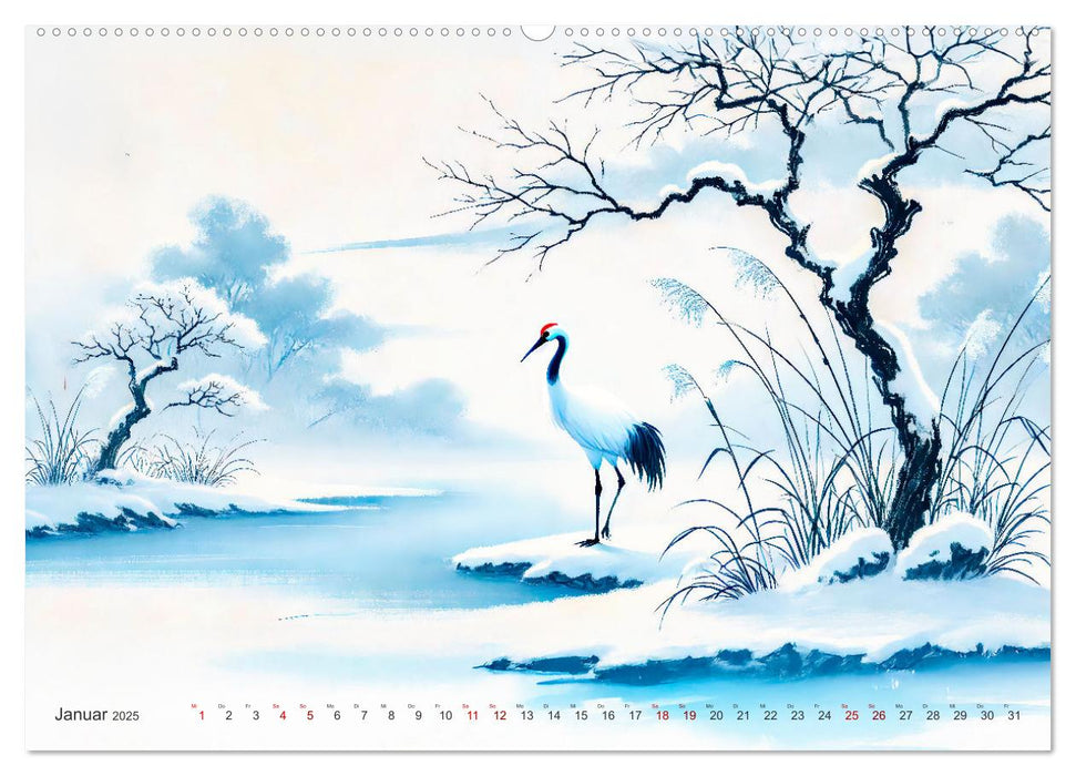 Federleicht - Vogelwelt im Stile asiatischer Tuschmalerei (CALVENDO Wandkalender 2025)