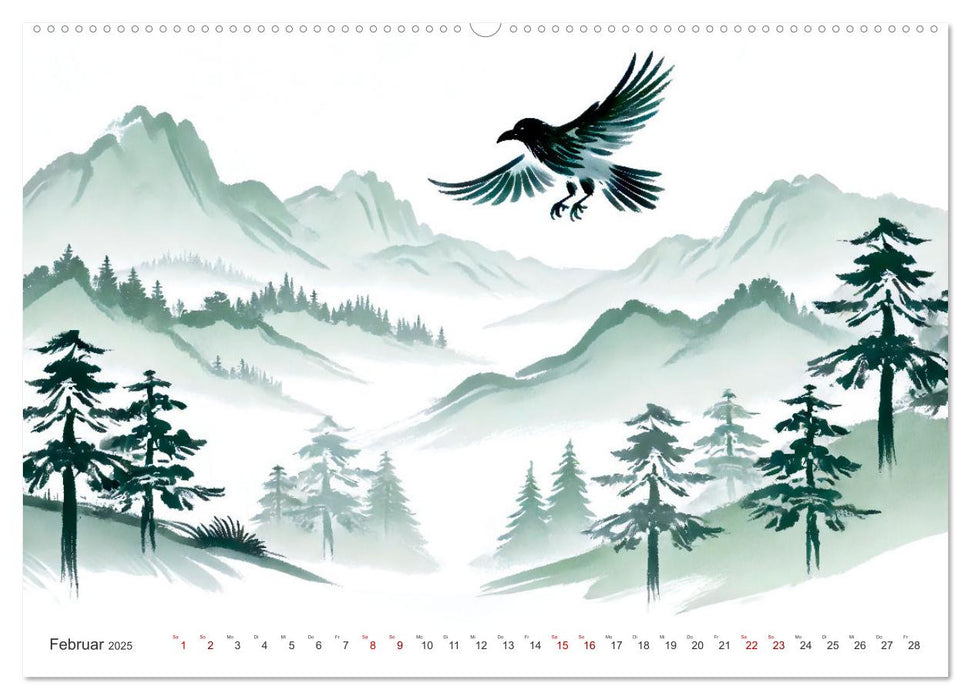 Federleicht - Vogelwelt im Stile asiatischer Tuschmalerei (CALVENDO Wandkalender 2025)