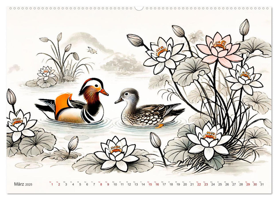 Federleicht - Vogelwelt im Stile asiatischer Tuschmalerei (CALVENDO Wandkalender 2025)