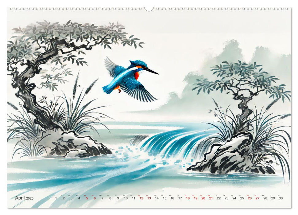 Federleicht - Vogelwelt im Stile asiatischer Tuschmalerei (CALVENDO Wandkalender 2025)