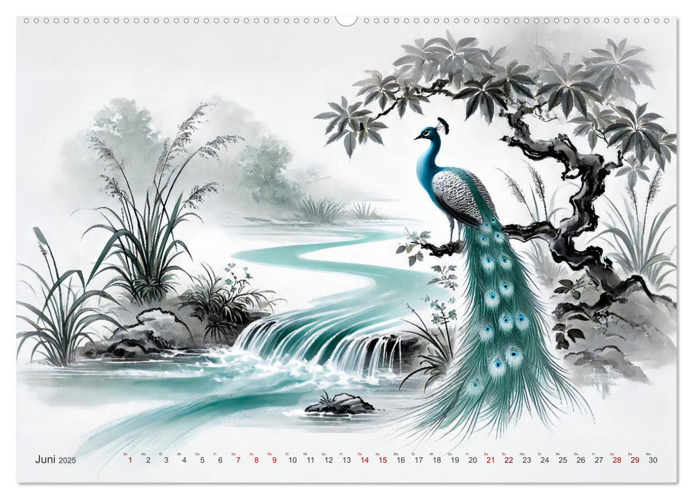 Federleicht - Vogelwelt im Stile asiatischer Tuschmalerei (CALVENDO Wandkalender 2025)