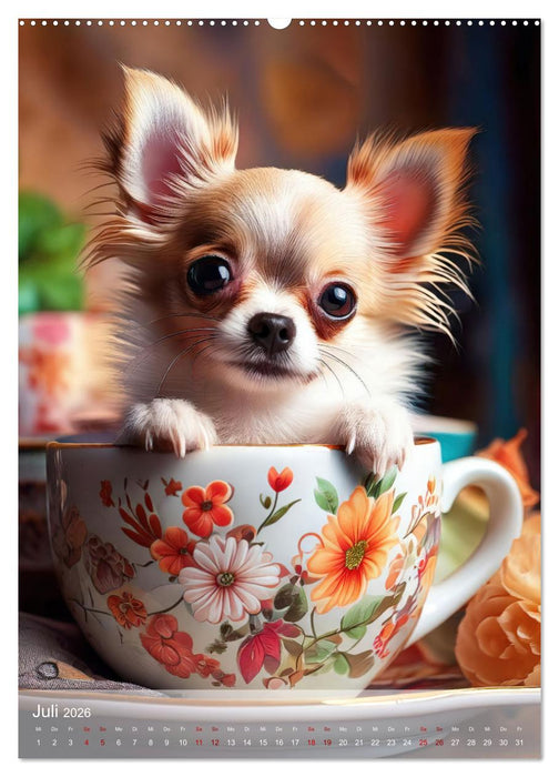 Kaffeepause mit Chihuahua - Kleine Freunde in großen Tassen (CALVENDO Premium Wandkalender 2026)
