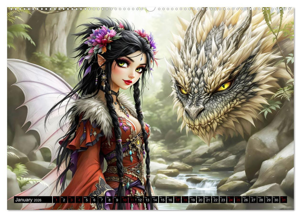 Elves and Dragons - A magical connection (CALVENDO Premium-Calendar 2026)