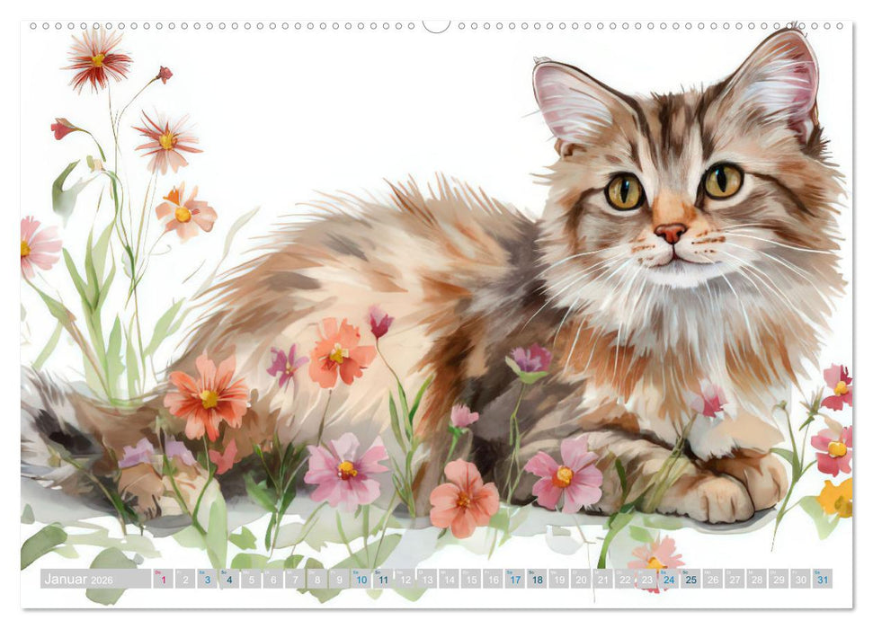 Katzensymphonie in Aquarell (CALVENDO Premium Wandkalender 2026)