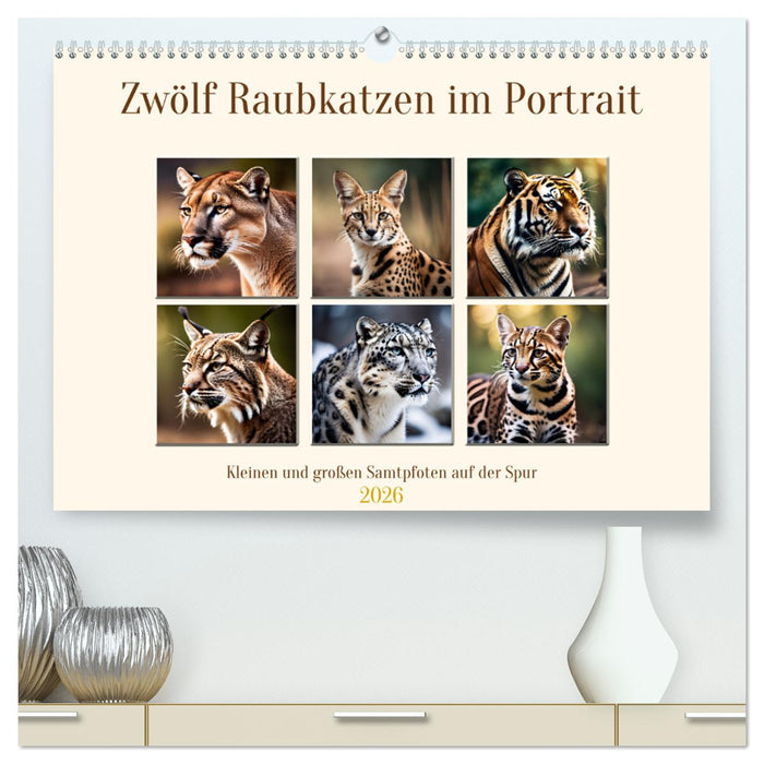 Zwölf Raubkatzen im Portrait (CALVENDO Premium Wandkalender 2026)