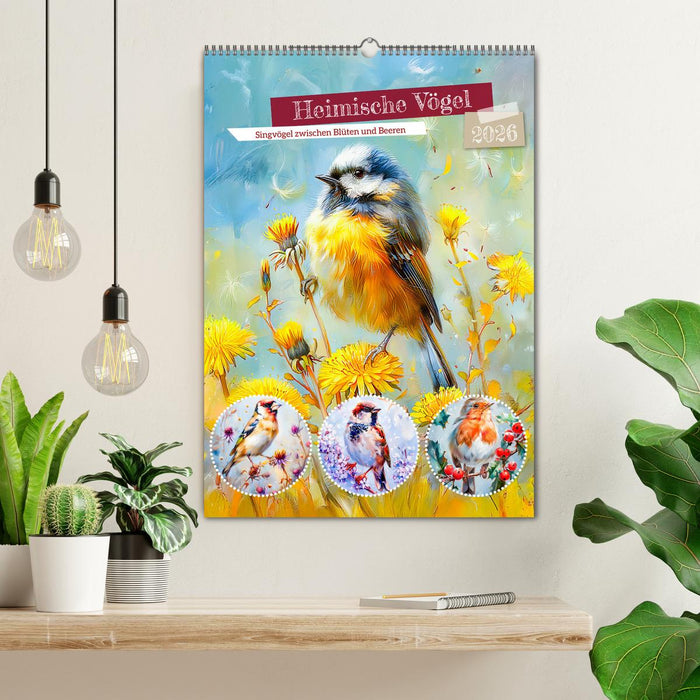Heimische Vögel - Singvögel zwischen Blüten und Beeren (CALVENDO Wandkalender 2026)
