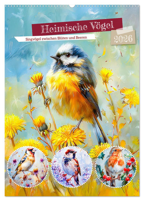 Heimische Vögel - Singvögel zwischen Blüten und Beeren (CALVENDO Wandkalender 2026)