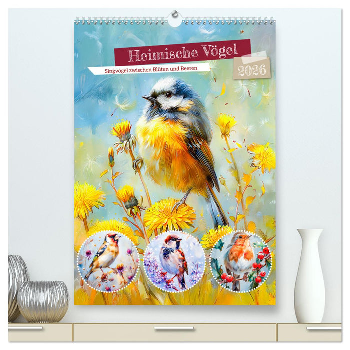 Heimische Vögel - Singvögel zwischen Blüten und Beeren (CALVENDO Premium Wandkalender 2026)