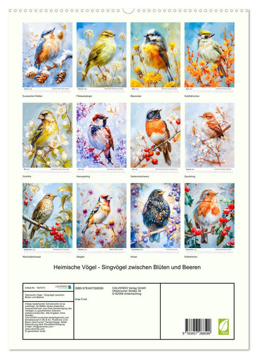 Heimische Vögel - Singvögel zwischen Blüten und Beeren (CALVENDO Premium Wandkalender 2026)