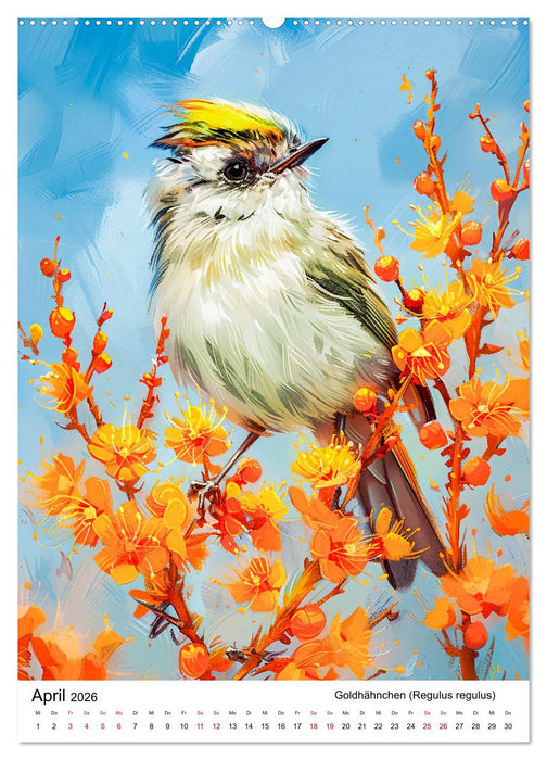 Heimische Vögel - Singvögel zwischen Blüten und Beeren (CALVENDO Premium Wandkalender 2026)