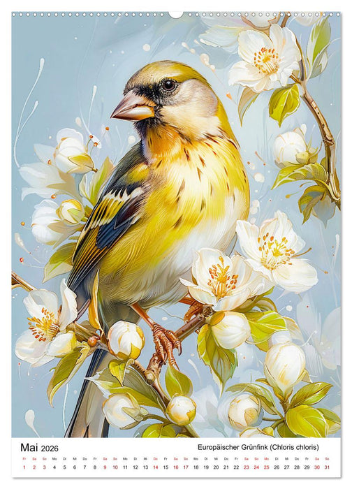 Heimische Vögel - Singvögel zwischen Blüten und Beeren (CALVENDO Premium Wandkalender 2026)