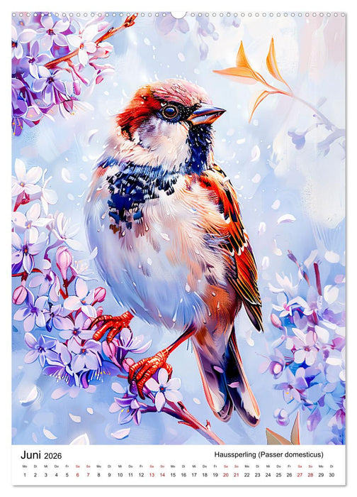 Heimische Vögel - Singvögel zwischen Blüten und Beeren (CALVENDO Premium Wandkalender 2026)