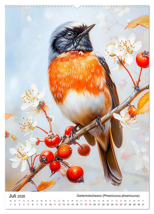 Heimische Vögel - Singvögel zwischen Blüten und Beeren (CALVENDO Premium Wandkalender 2026)