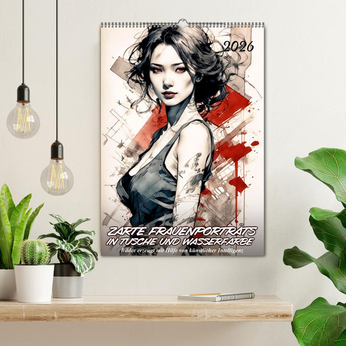 Zarte Frauenporträts in Tusche und Wasserfarbe (CALVENDO Wandkalender 2026)