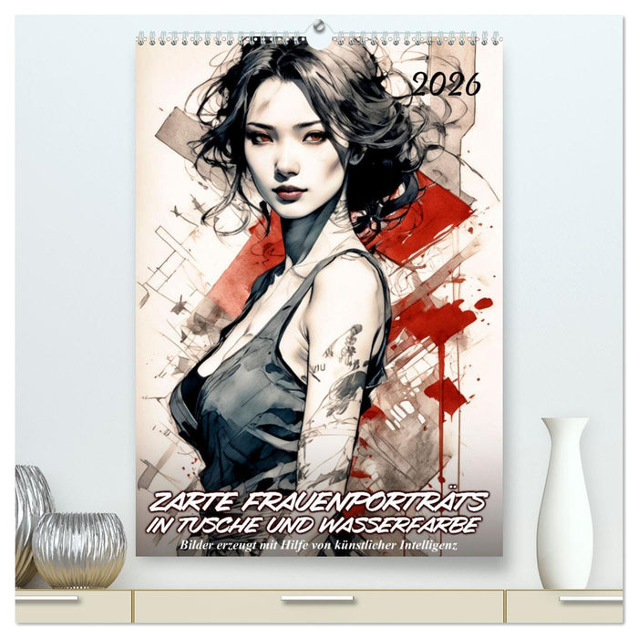 Zarte Frauenporträts in Tusche und Wasserfarbe (CALVENDO Premium Wandkalender 2026)