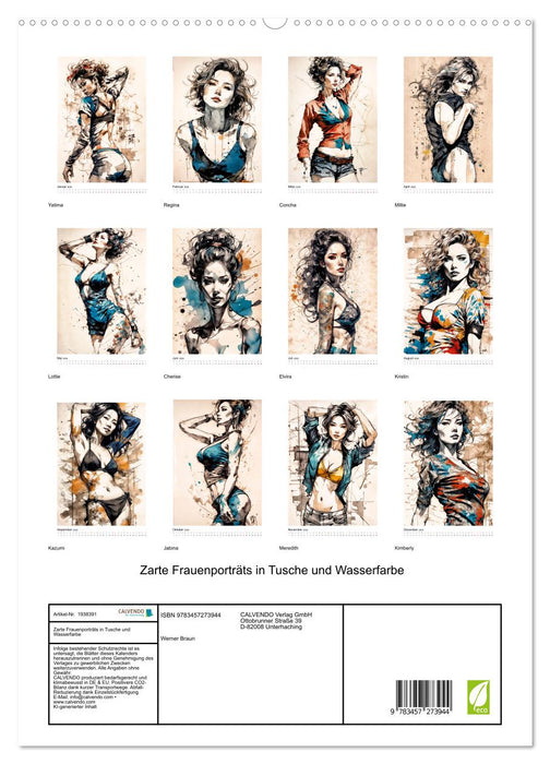 Zarte Frauenporträts in Tusche und Wasserfarbe (CALVENDO Premium Wandkalender 2026)