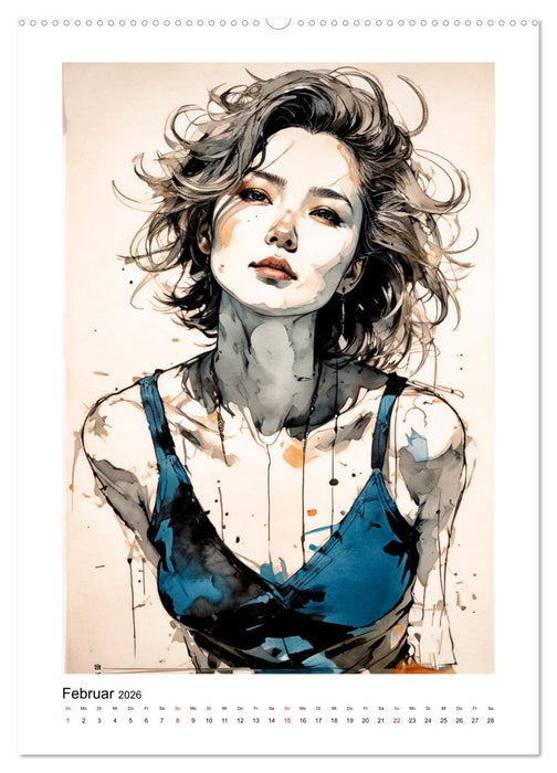 Zarte Frauenporträts in Tusche und Wasserfarbe (CALVENDO Premium Wandkalender 2026)