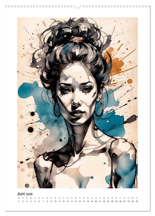 Zarte Frauenporträts in Tusche und Wasserfarbe (CALVENDO Premium Wandkalender 2026)