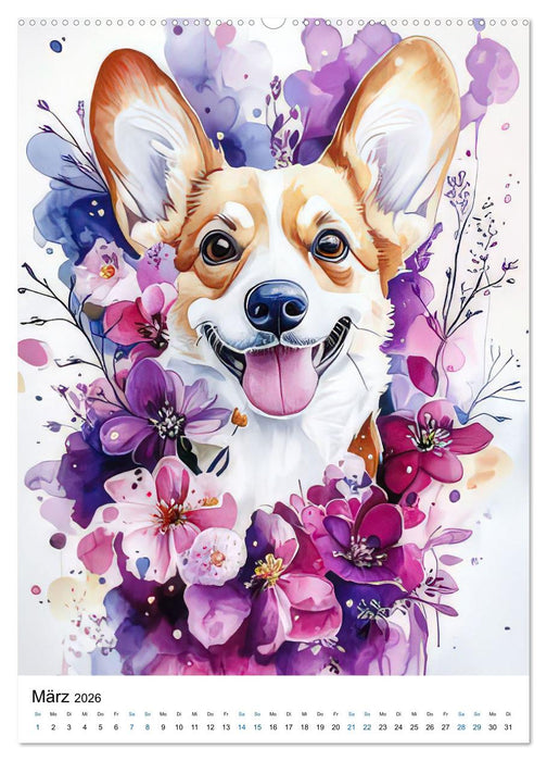 Corgis im Blumenrausch (CALVENDO Premium Wandkalender 2026)