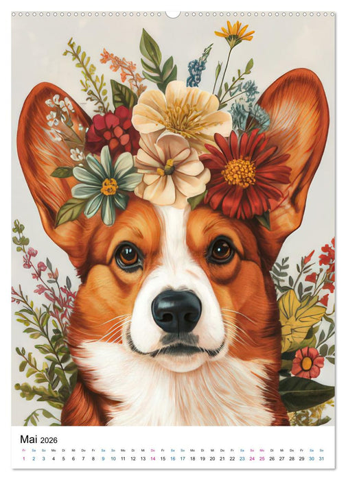 Corgis im Blumenrausch (CALVENDO Premium Wandkalender 2026)