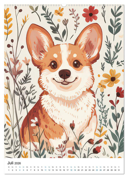 Corgis im Blumenrausch (CALVENDO Premium Wandkalender 2026)