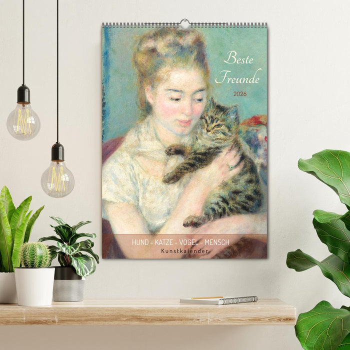Beste Freunde Hund - Katze - Vogel - Mensch Kunstkalender (CALVENDO Wandkalender 2026)