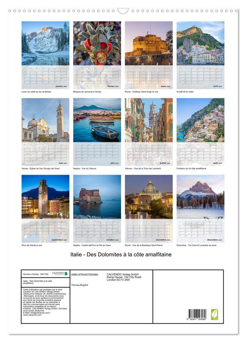 Italie - Des Dolomites à la côte amalfitaine (CALVENDO Calendrier mensuel 2026)