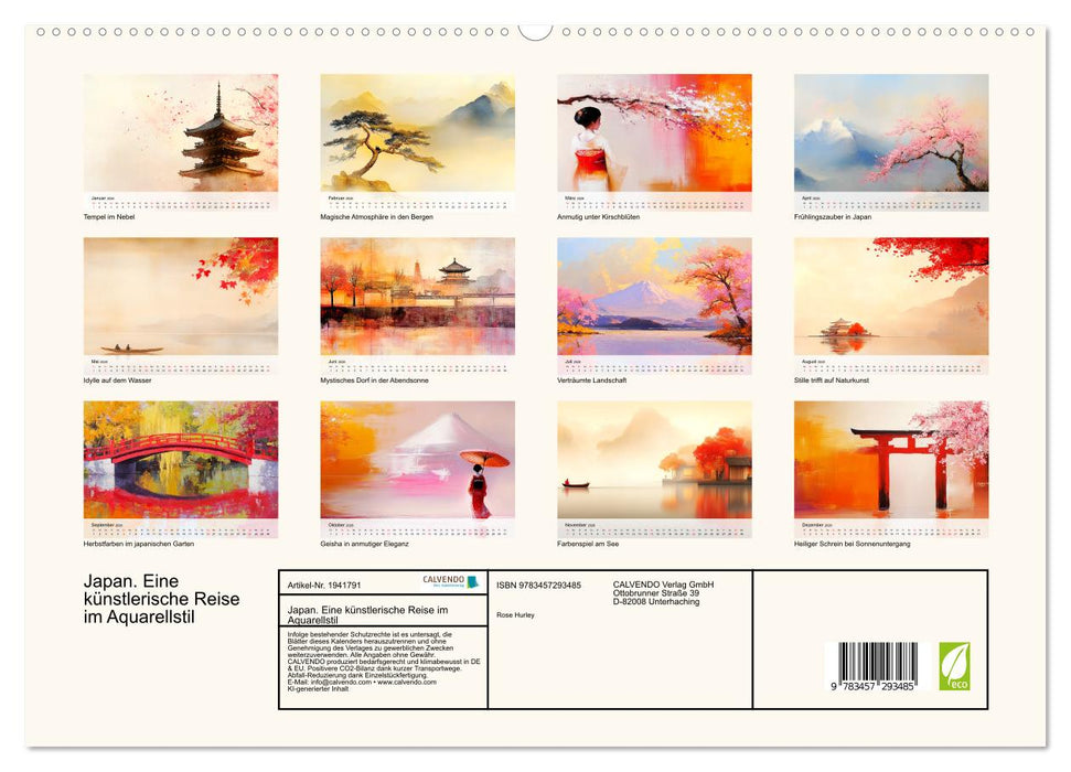 Japan. Eine künstlerische Reise im Aquarellstil (CALVENDO Premium Wandkalender 2026)