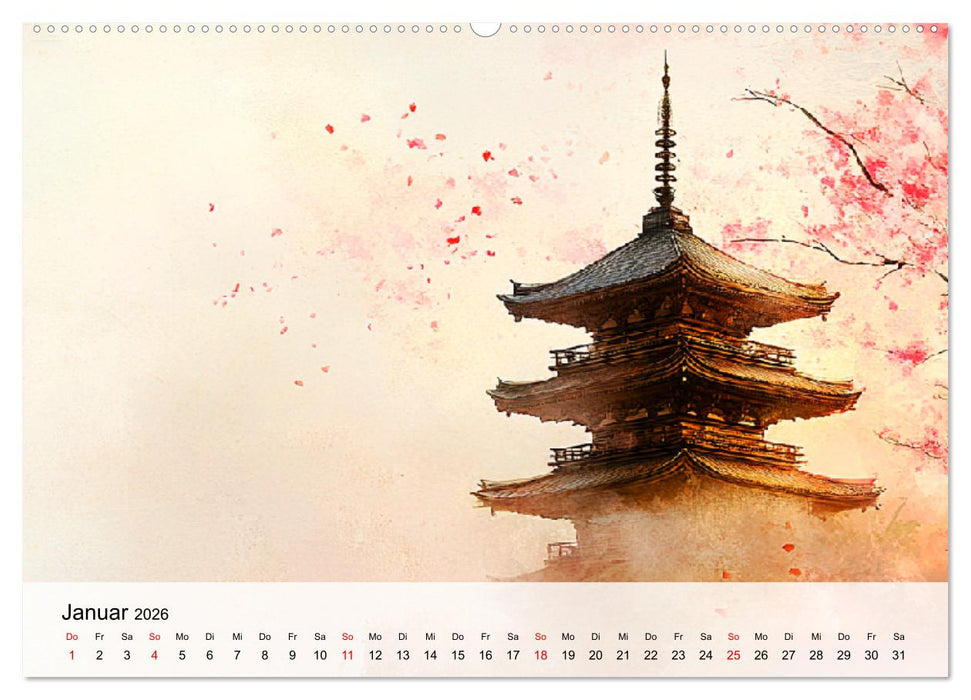 Japan. Eine künstlerische Reise im Aquarellstil (CALVENDO Premium Wandkalender 2026)