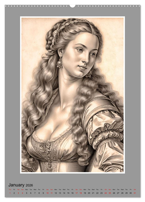 Baroque Beauties, Pencil Art with Artificial Intelligence (CALVENDO Monthly Calendar 2026)