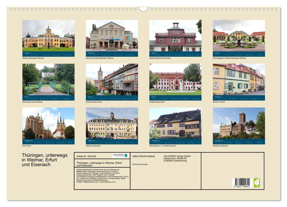 Thüringen, unterwegs in Weimar, Erfurt und Eisenach (CALVENDO Wandkalender 2026)
