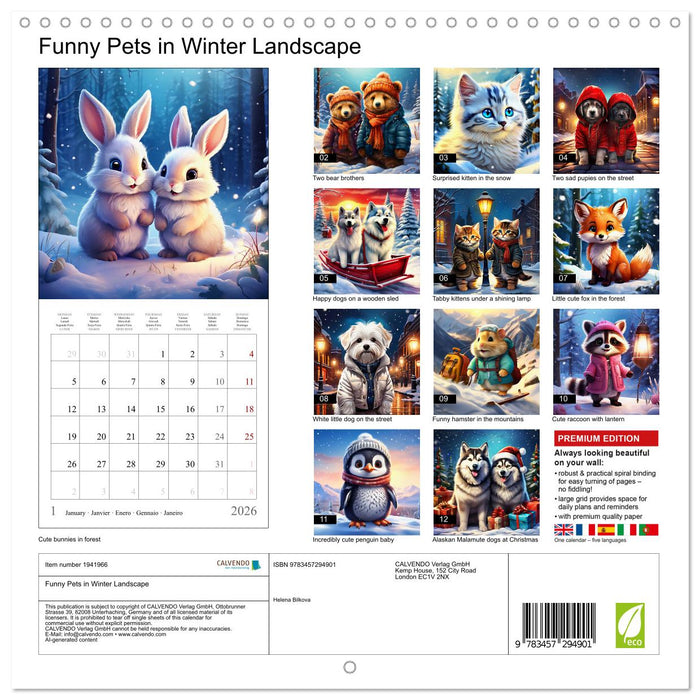 Funny Pets in Winter Landscape (CALVENDO Monthly Calendar 2026)