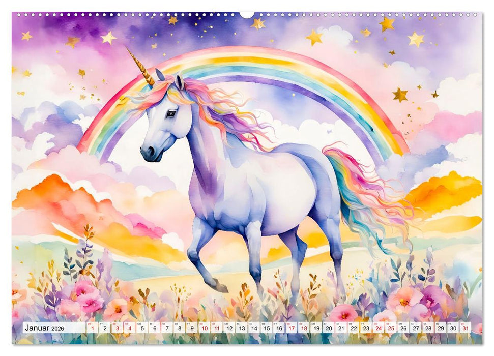 Magische Einhörner - Traumlandschaften unterm Regenbogen (CALVENDO Wandkalender 2026)