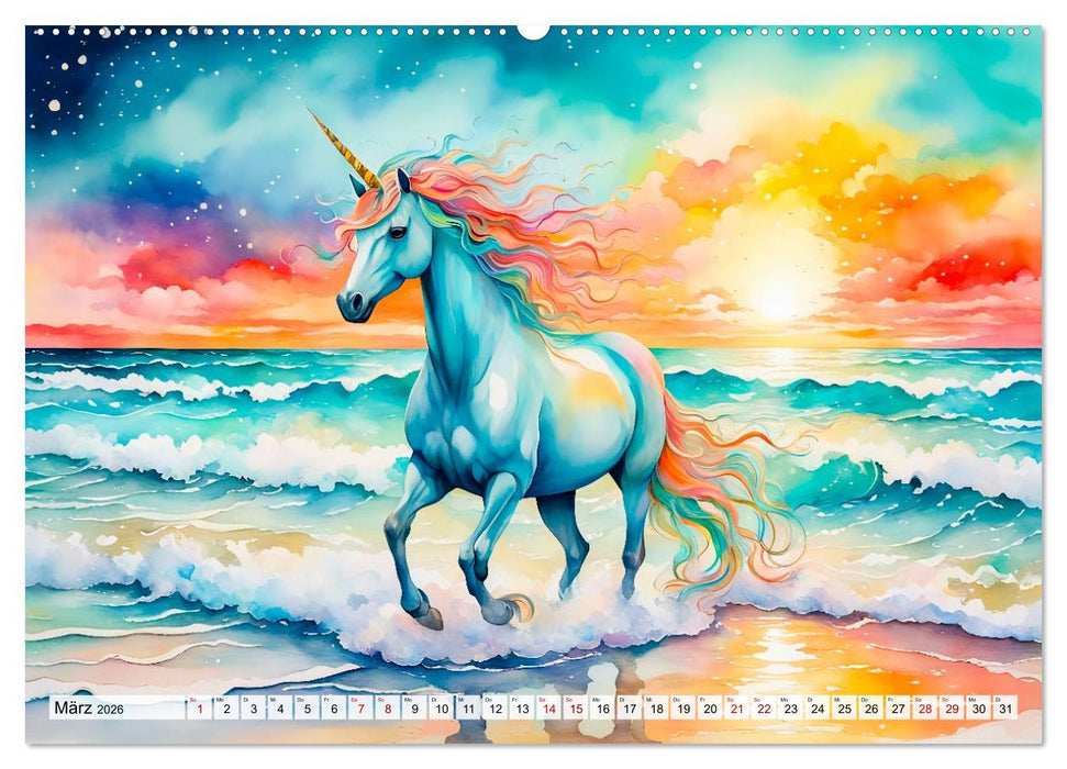 Magische Einhörner - Traumlandschaften unterm Regenbogen (CALVENDO Wandkalender 2026)
