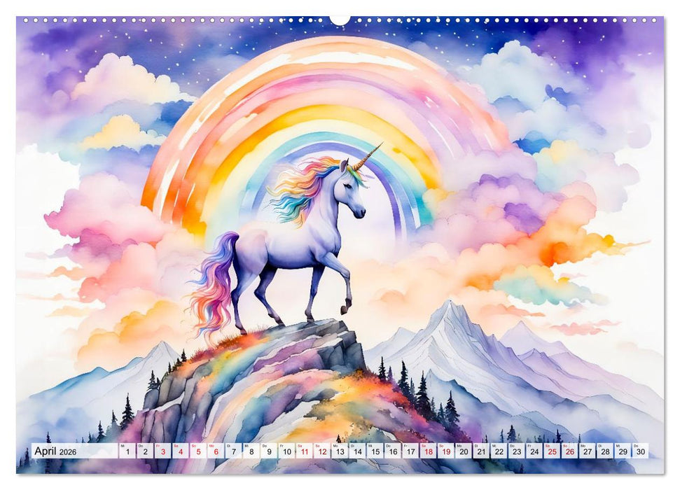 Magische Einhörner - Traumlandschaften unterm Regenbogen (CALVENDO Premium Wandkalender 2026)